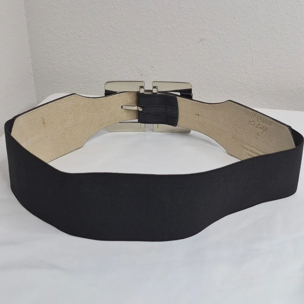 White House Black‎ Market Black Wide Elastic Waist Cincher Belt Silver Buckle M